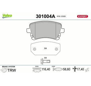 Sada brzdových destiček, kotoučová brzda VALEO 301004A