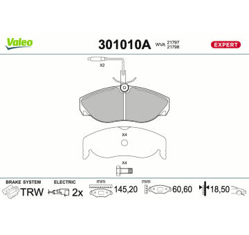 Sada brzdových destiček, kotoučová brzda VALEO 301010A