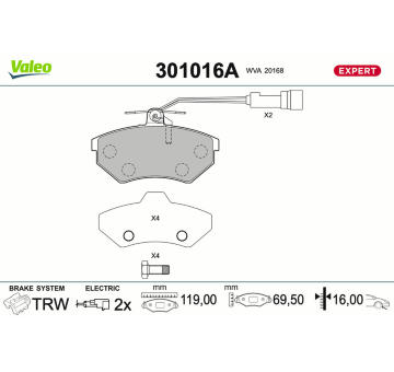 Sada brzdových destiček, kotoučová brzda VALEO 301016A
