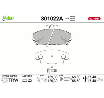 Sada brzdových destiček, kotoučová brzda VALEO 301022A
