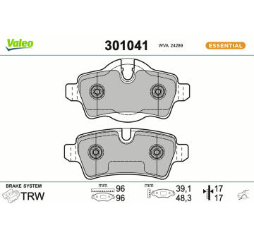 Sada brzdových destiček, kotoučová brzda VALEO 301041