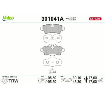 Sada brzdových destiček, kotoučová brzda VALEO 301041A