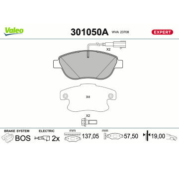 Sada brzdových destiček, kotoučová brzda VALEO 301050A