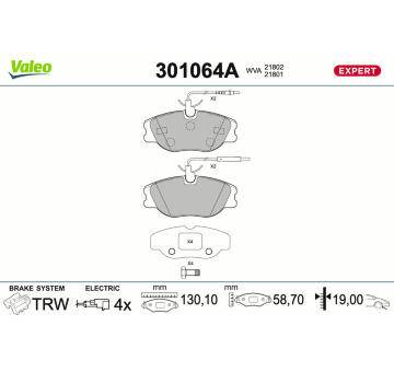 Sada brzdových destiček, kotoučová brzda VALEO 301064A