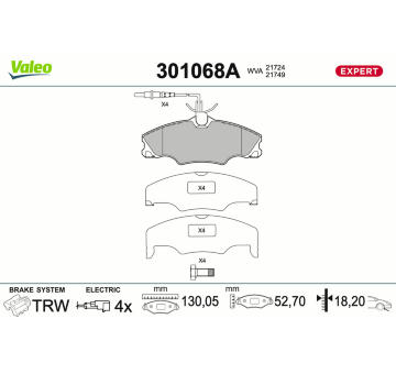 Sada brzdových destiček, kotoučová brzda VALEO 301068A