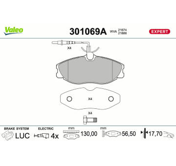 Sada brzdových destiček, kotoučová brzda VALEO 301069A