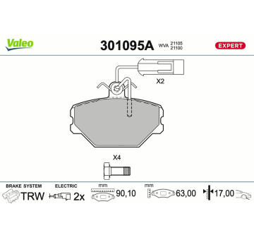 Sada brzdových destiček, kotoučová brzda VALEO 301095A