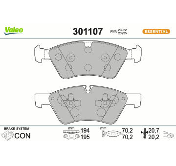 Sada brzdových destiček, kotoučová brzda VALEO 301107