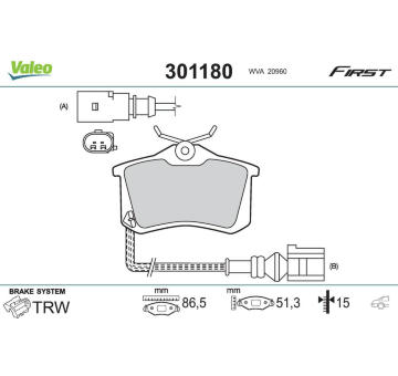 Sada brzdových destiček, kotoučová brzda VALEO 301180