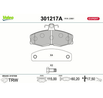 Sada brzdových destiček, kotoučová brzda VALEO 301217A