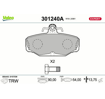 Sada brzdových destiček, kotoučová brzda VALEO 301240A