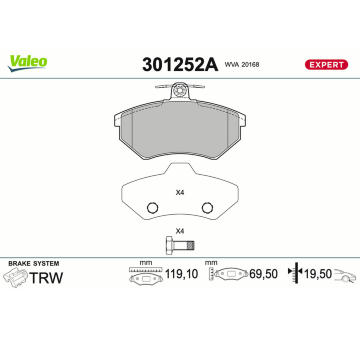 Sada brzdových destiček, kotoučová brzda VALEO 301252A
