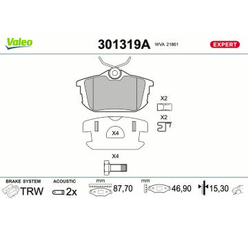 Sada brzdových destiček, kotoučová brzda VALEO 301319A