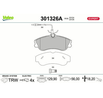Sada brzdových destiček, kotoučová brzda VALEO 301326A