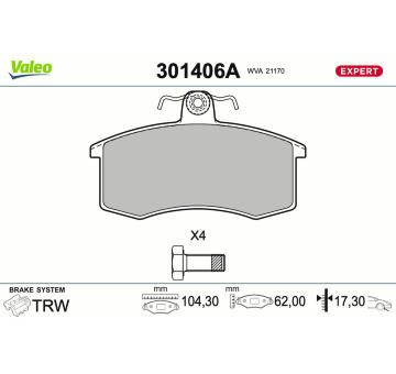Sada brzdových destiček, kotoučová brzda VALEO 301406A