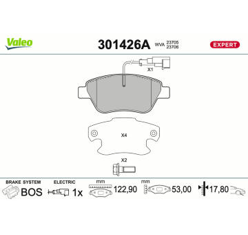 Sada brzdových destiček, kotoučová brzda VALEO 301426A