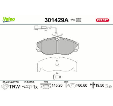 Sada brzdových destiček, kotoučová brzda VALEO 301429A