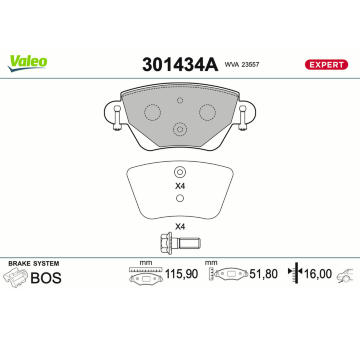 Sada brzdových destiček, kotoučová brzda VALEO 301434A