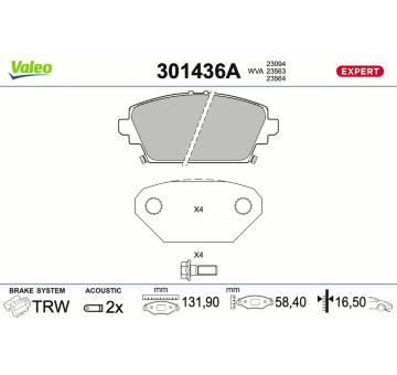 Sada brzdových destiček, kotoučová brzda VALEO 301436A