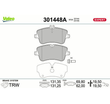 Sada brzdových destiček, kotoučová brzda VALEO 301448A
