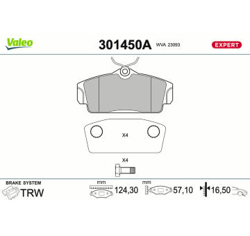 Sada brzdových destiček, kotoučová brzda VALEO 301450A