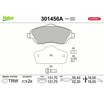 Sada brzdových destiček, kotoučová brzda VALEO 301456A