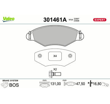 Sada brzdových destiček, kotoučová brzda VALEO 301461A