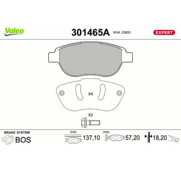 Sada brzdových destiček, kotoučová brzda VALEO 301465A