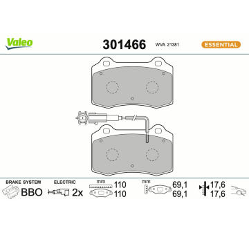 Sada brzdových destiček, kotoučová brzda VALEO 301466