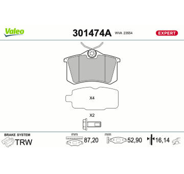 Sada brzdových destiček, kotoučová brzda VALEO 301474A