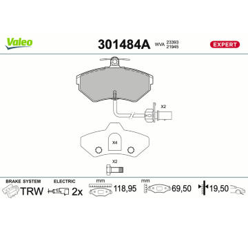 Sada brzdových destiček, kotoučová brzda VALEO 301484A
