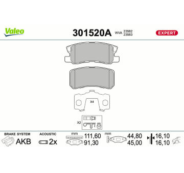 Sada brzdových destiček, kotoučová brzda VALEO 301520A