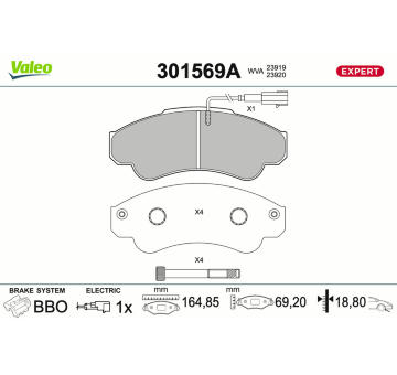 Sada brzdových destiček, kotoučová brzda VALEO 301569A
