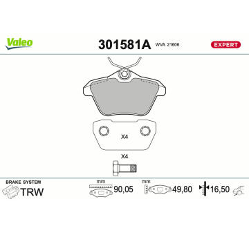 Sada brzdových destiček, kotoučová brzda VALEO 301581A