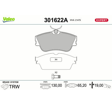 Sada brzdových destiček, kotoučová brzda VALEO 301622A