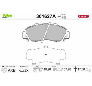 Sada brzdových destiček, kotoučová brzda VALEO 301627A