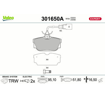 Sada brzdových destiček, kotoučová brzda VALEO 301650A