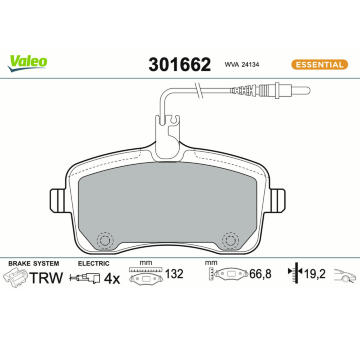 Sada brzdových destiček, kotoučová brzda VALEO 301662