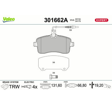 Sada brzdových destiček, kotoučová brzda VALEO 301662A