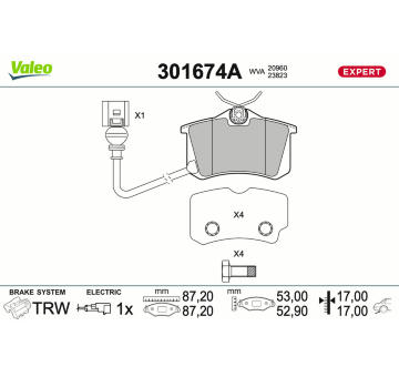 Sada brzdových destiček, kotoučová brzda VALEO 301674A