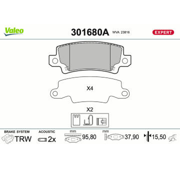 Sada brzdových destiček, kotoučová brzda VALEO 301680A