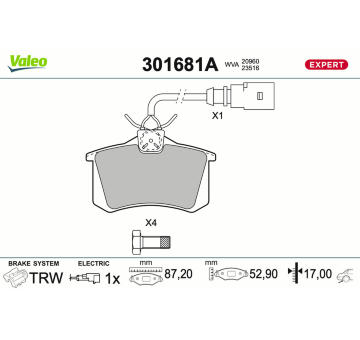Sada brzdových destiček, kotoučová brzda VALEO 301681A
