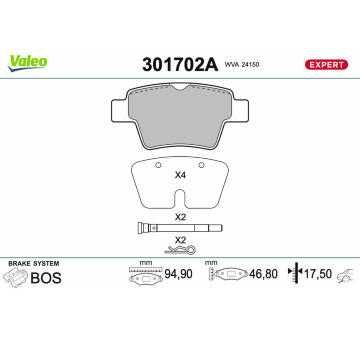 Sada brzdových destiček, kotoučová brzda VALEO 301702A