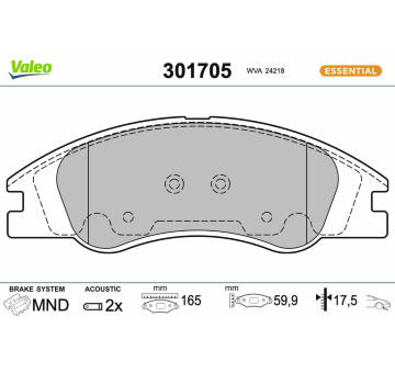Sada brzdových destiček, kotoučová brzda VALEO 301705