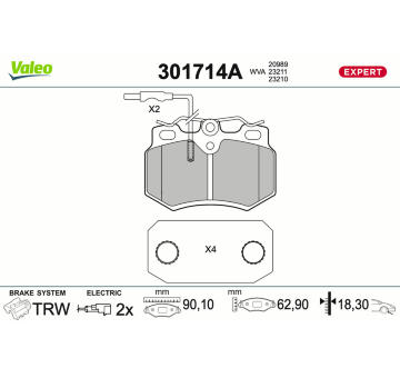Sada brzdových destiček, kotoučová brzda VALEO 301714A