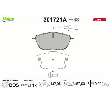 Sada brzdových destiček, kotoučová brzda VALEO 301721A