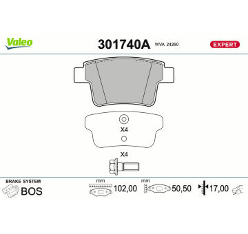 Sada brzdových destiček, kotoučová brzda VALEO 301740A