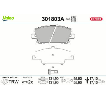 Sada brzdových destiček, kotoučová brzda VALEO 301803A
