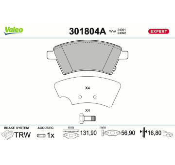 Sada brzdových destiček, kotoučová brzda VALEO 301804A
