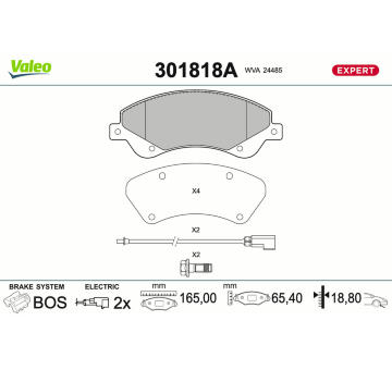 Sada brzdových destiček, kotoučová brzda VALEO 301818A